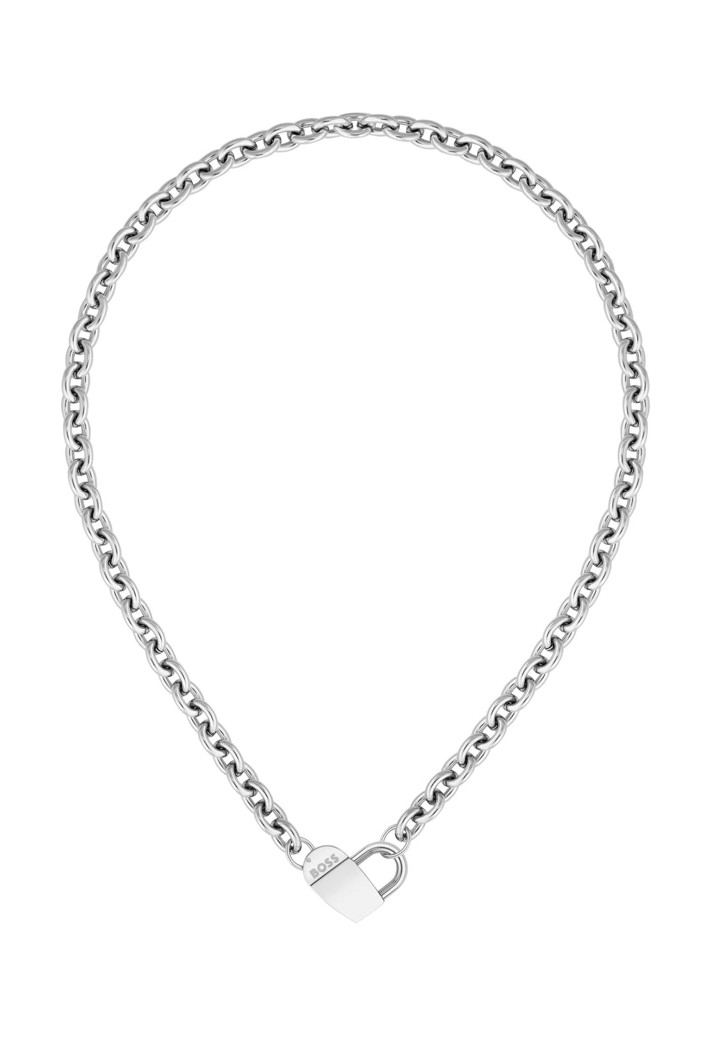 BOSS heart padlock necklace for women in stainless steel, close-up view. Fashionable pendant jewelry.
