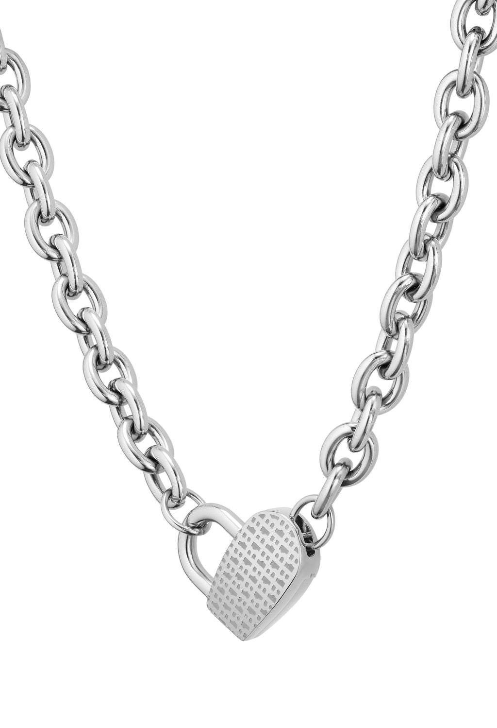 Stainless steel BOSS heart necklace for women, Dinya model, showing the chain and heart-shaped clasp.