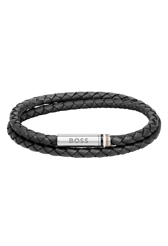 BOSS Mens Ares Black Double Wrap Stainless Steel Bracelet