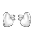 Close-up of BOSS Honey heart stud earrings in stainless steel for women, featuring the brand logo on each earring.