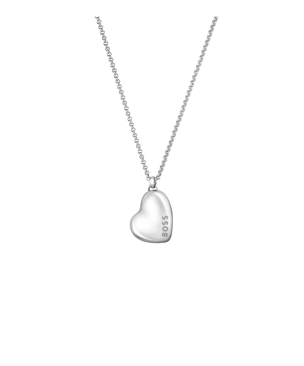 BOSS Honey Heart Pendant in silver stainless steel. A stylish necklace featuring the brand logo, showcased for online