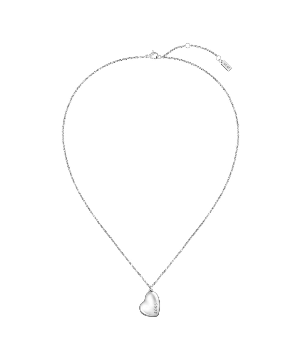 Silver BOSS necklace featuring a heart pendant with the BOSS logo, showcasing the pendant jewelry.