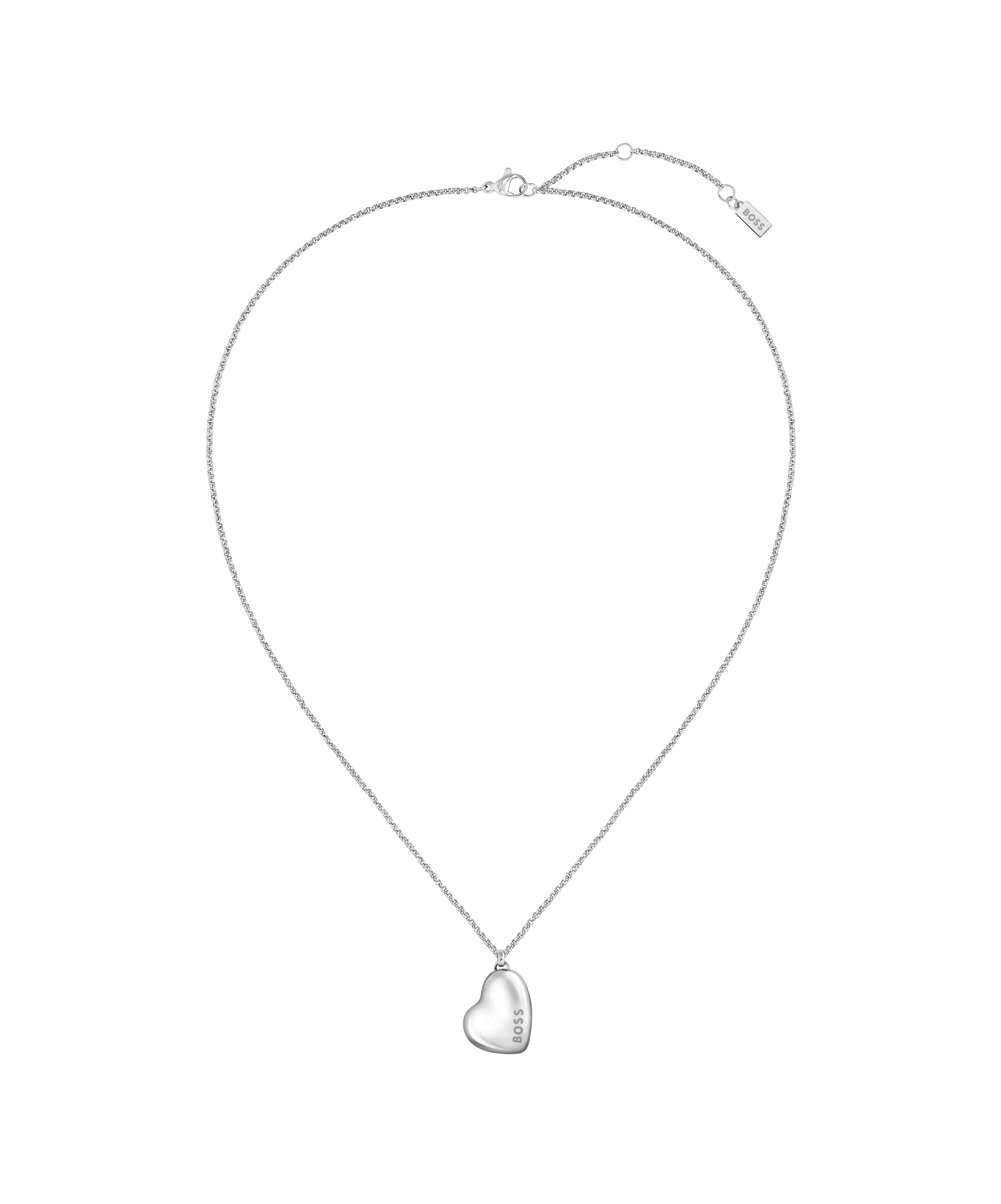 Silver BOSS necklace featuring a heart pendant with the BOSS logo, showcasing the pendant jewelry.