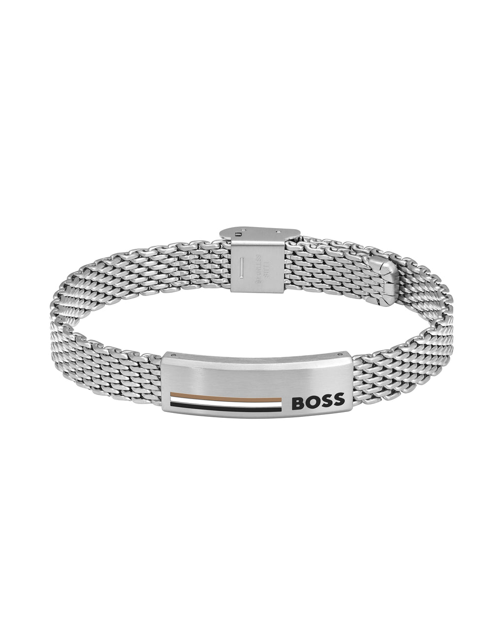 BOSS Alen bracelet: Stainless steel mesh band with signature logo detail; brushed finish. Stylish men's jewelry.