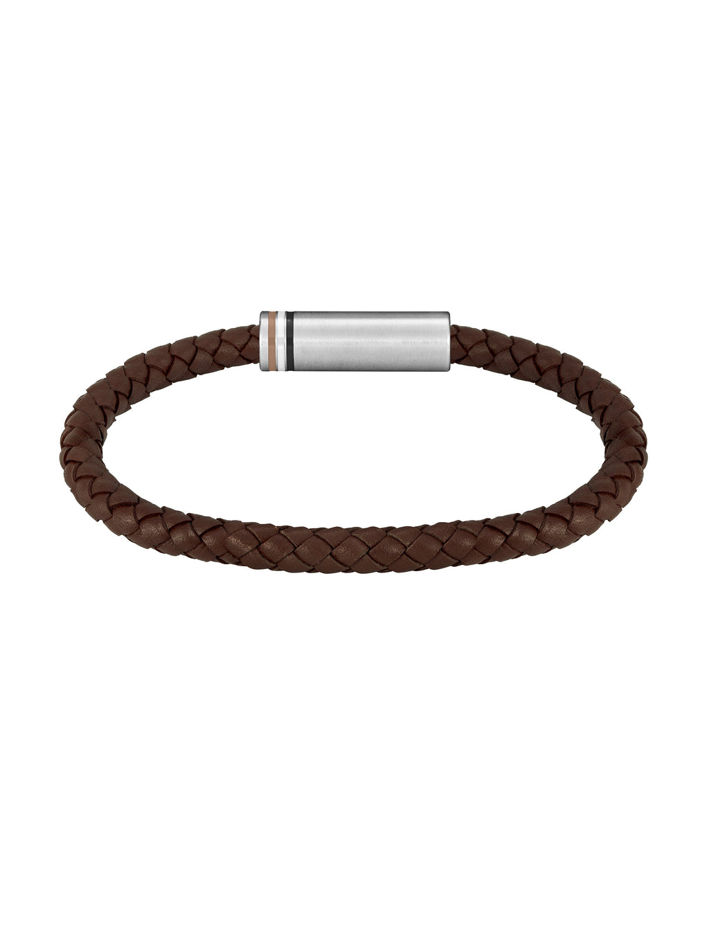 Close-up of the BOSS Ares brown braided leather bracelet with stainless steel clasp; showcasing design and material.