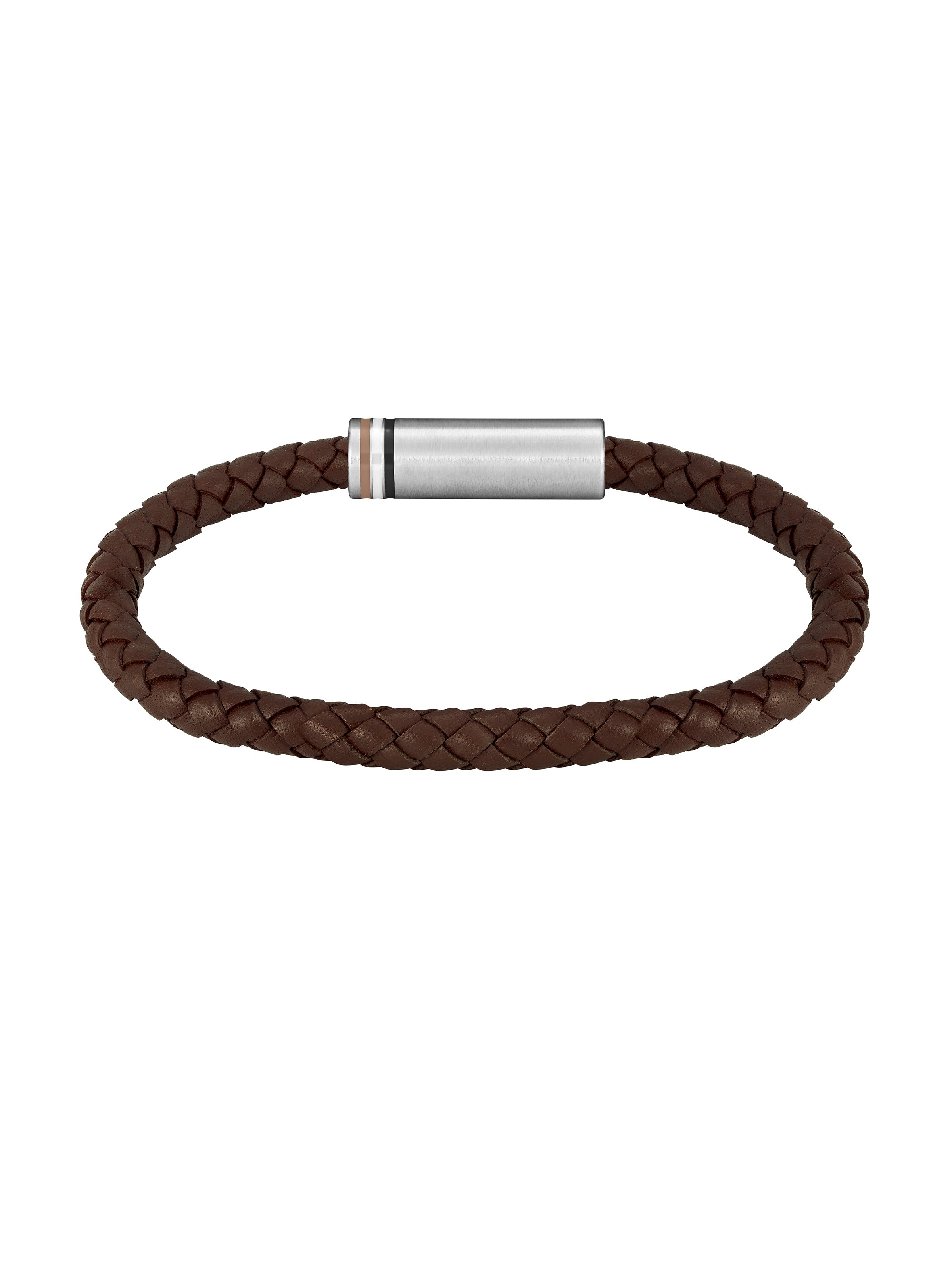 Close-up of the BOSS Ares brown braided leather bracelet with stainless steel clasp; showcasing design and material.