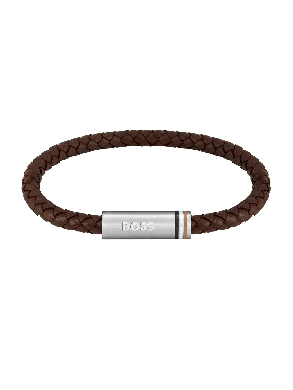 Close-up of the BOSS Ares braided leather bracelet in brown with a stainless steel clasp displaying the brand name.