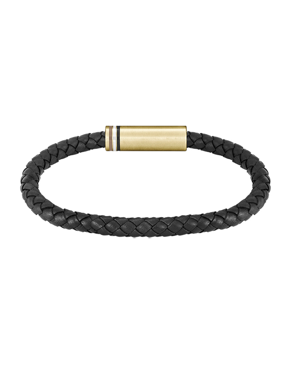Mens bracelet: Boss Ares black braided leather bracelet with a gold-plated clasp, showcasing premium materials.