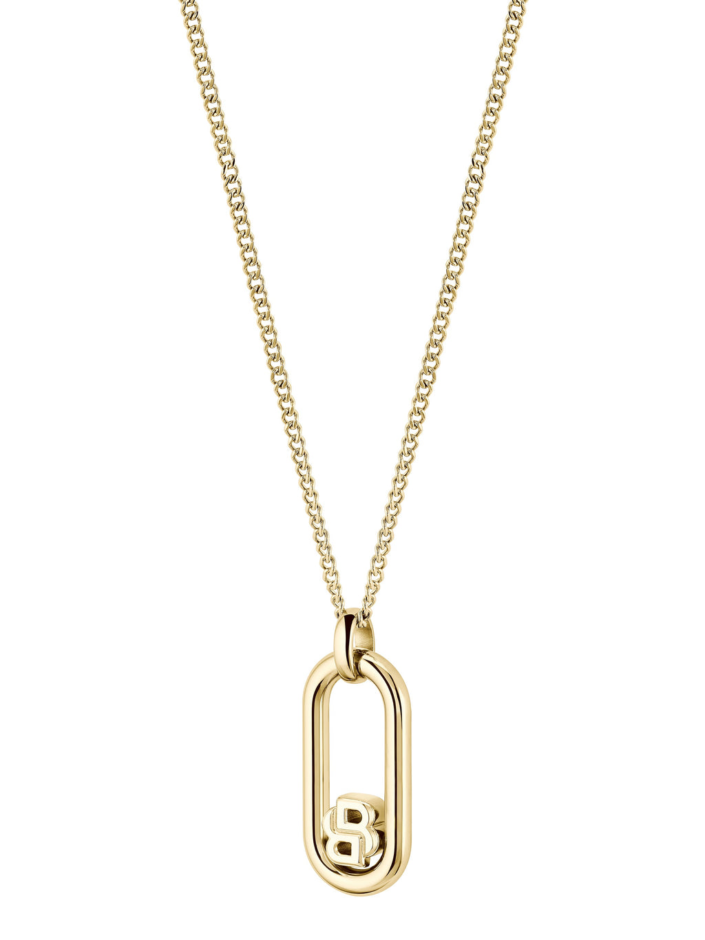 Gold-plated BOSS necklace showcasing the Double B logo pendant on a stainless steel chain.