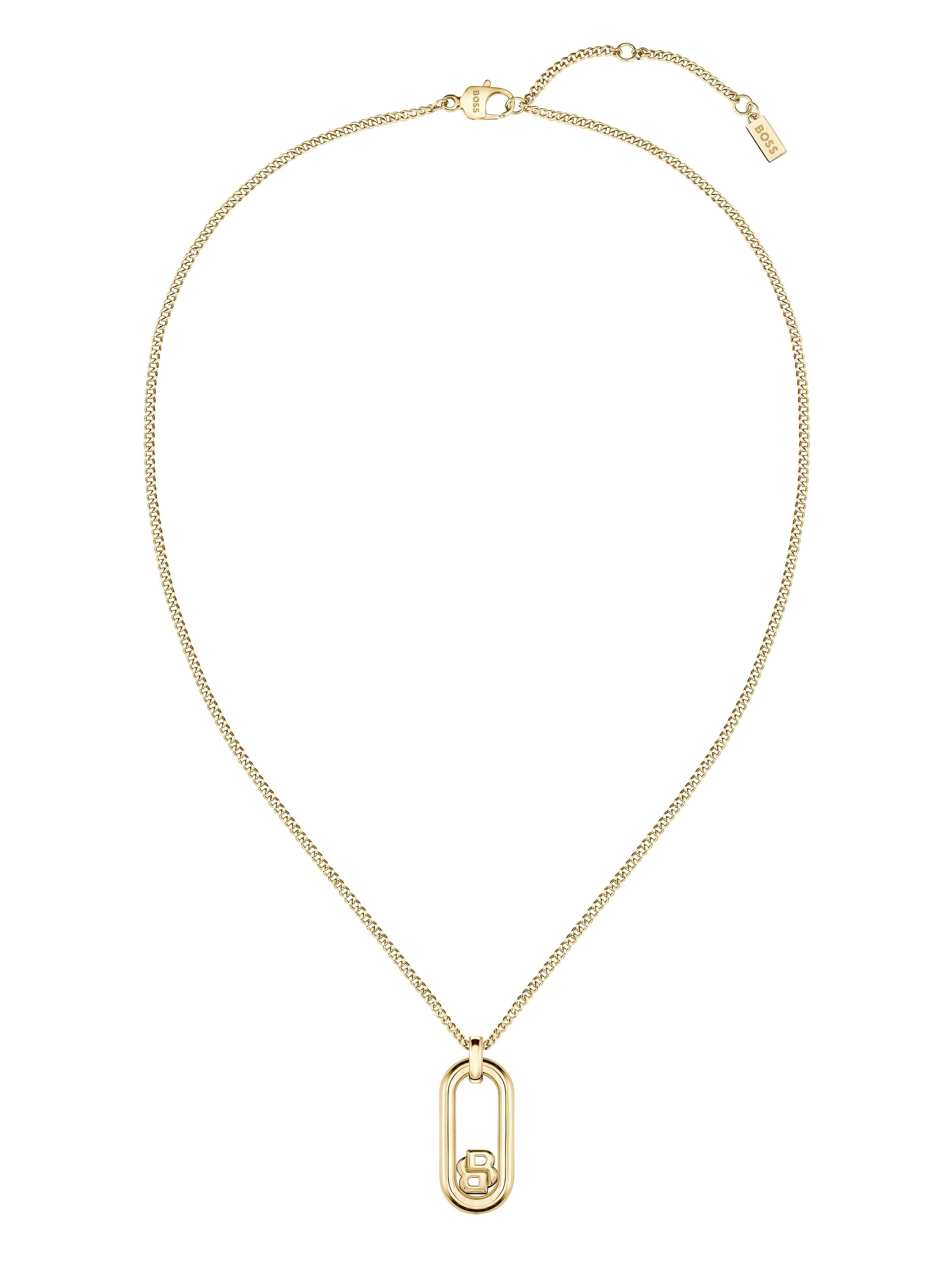 Close-up of the BOSS Double B Pendant necklace in gold-plated stainless steel, showcasing the branded jewelry design.