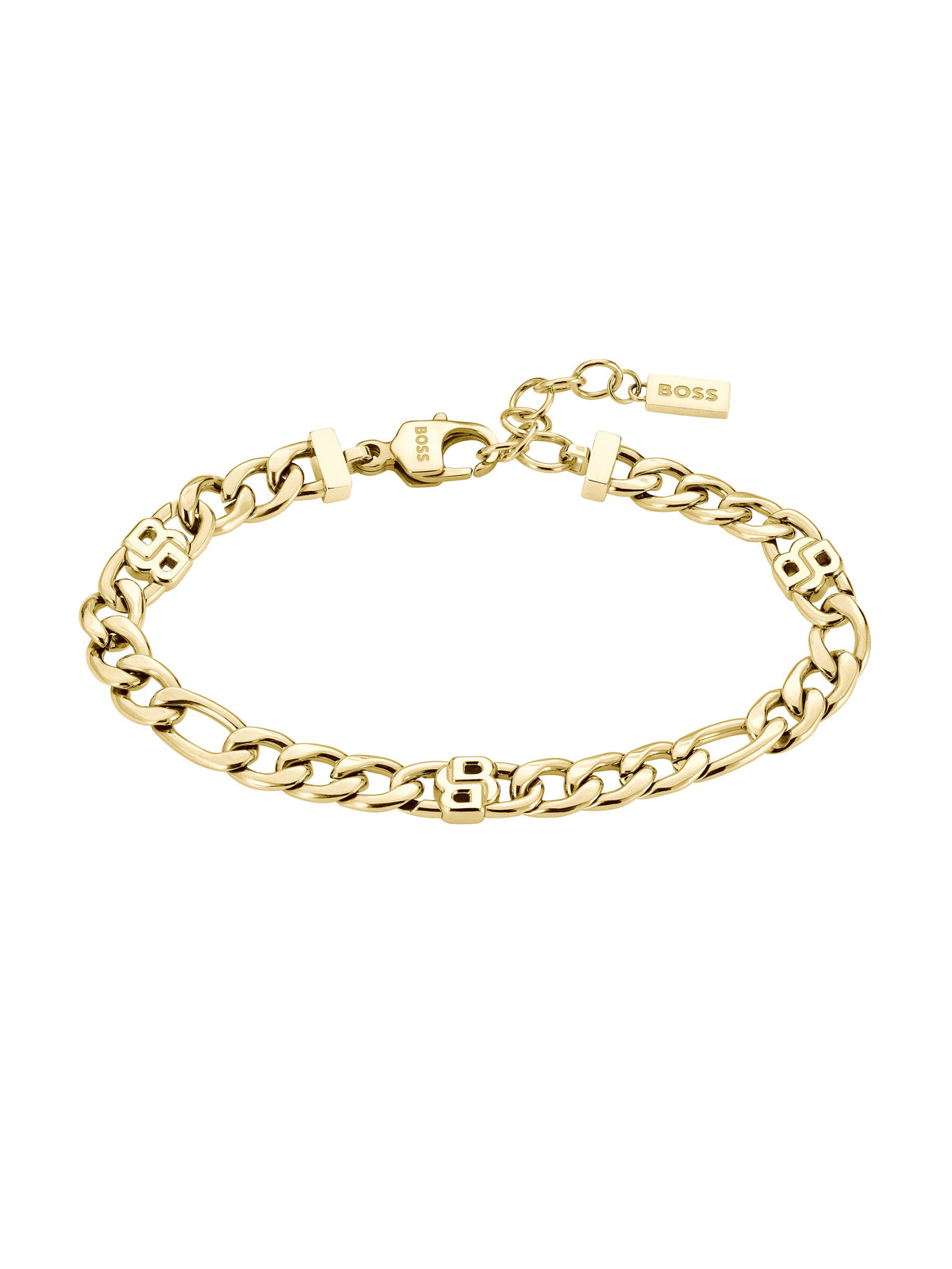 Gold plated Boss bracelet featuring a double 'B' chain design and lobster clasp, showcasing classic stainless steel jewelry.