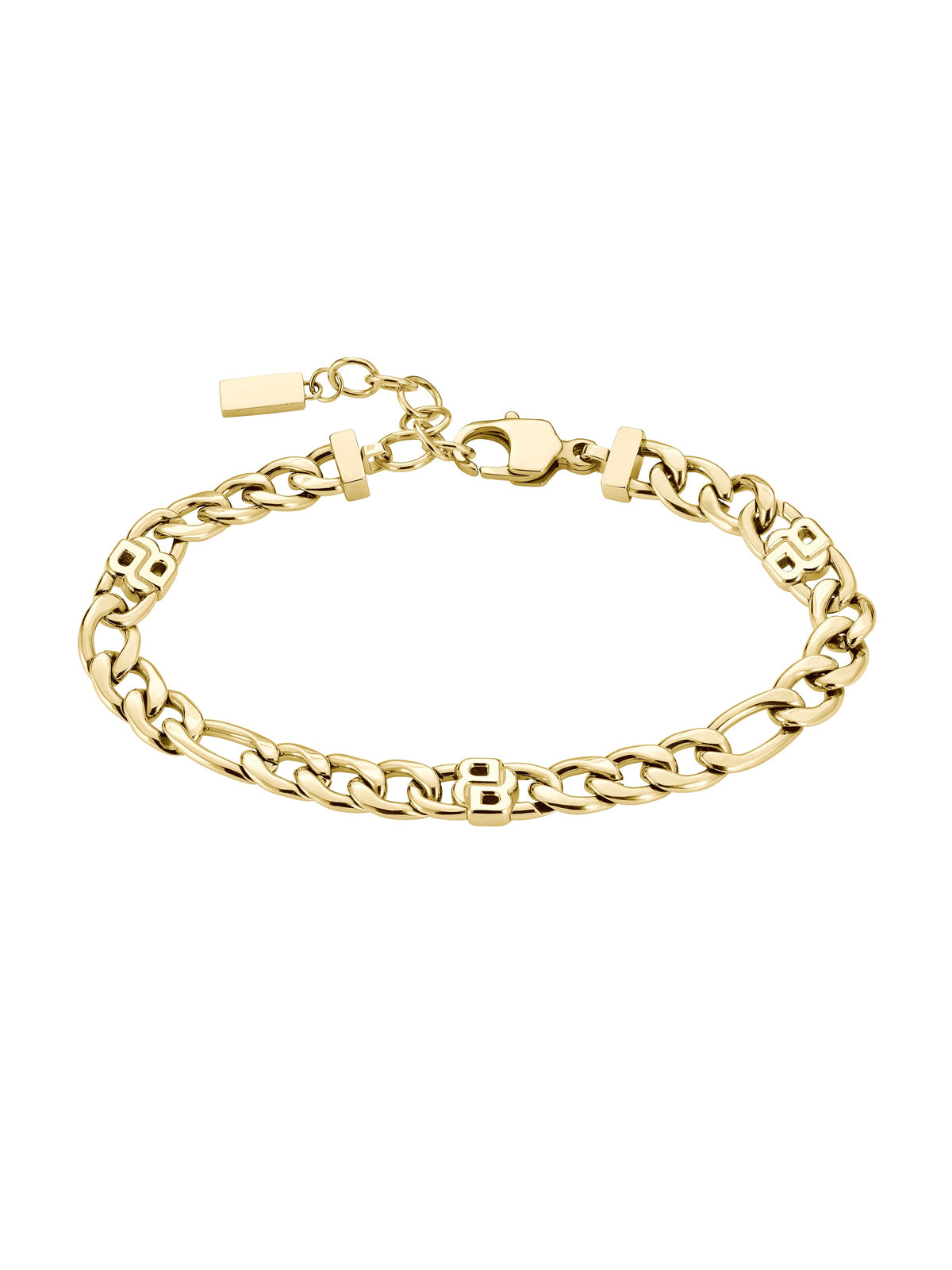 Gold-plated Boss bracelet featuring a Figaro chain and 'BB' logo. Elegant accessory for a classic look.
