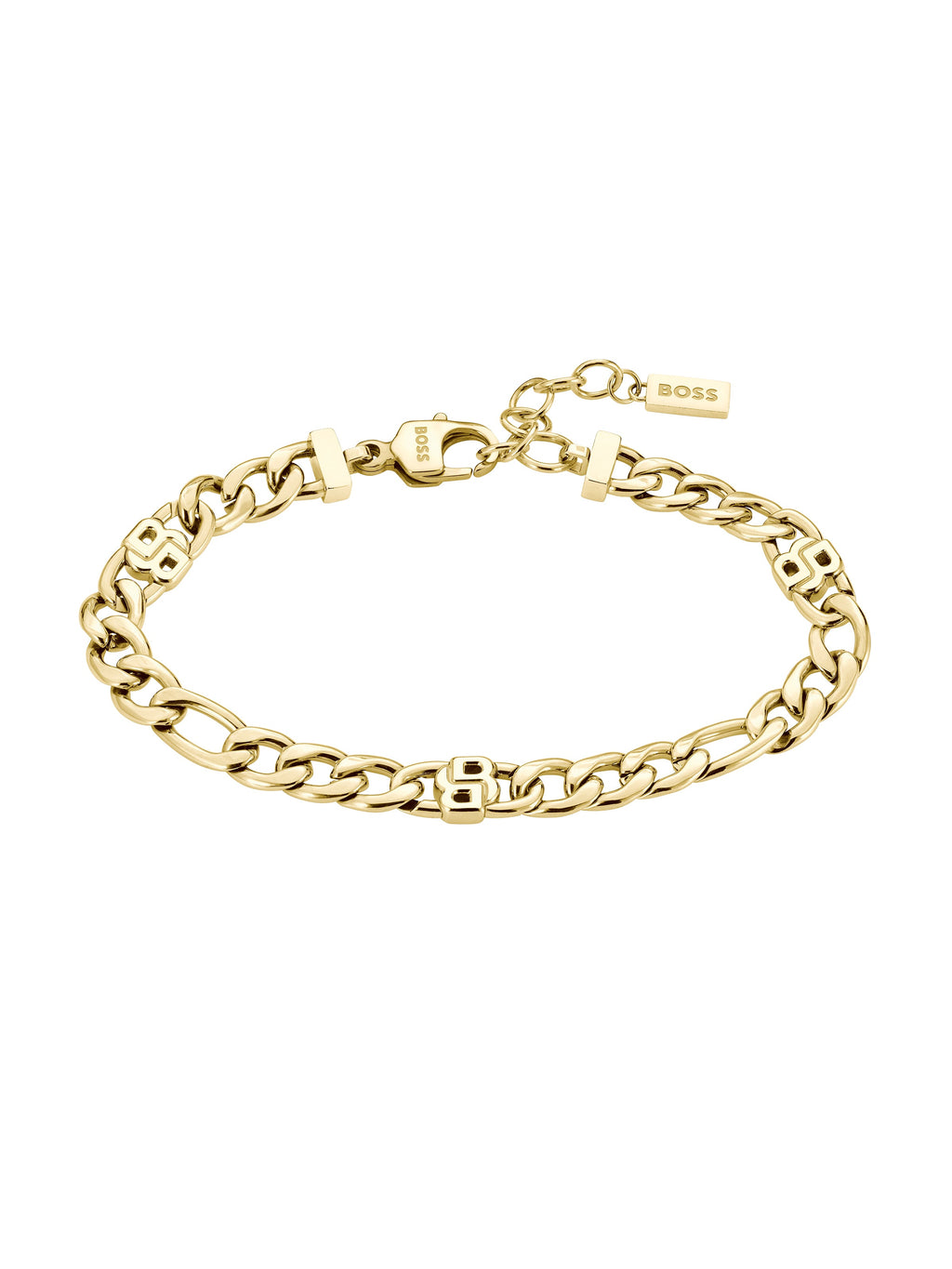 Gold plated Boss bracelet featuring a double 'B' chain design and lobster clasp, showcasing classic stainless steel jewelry.