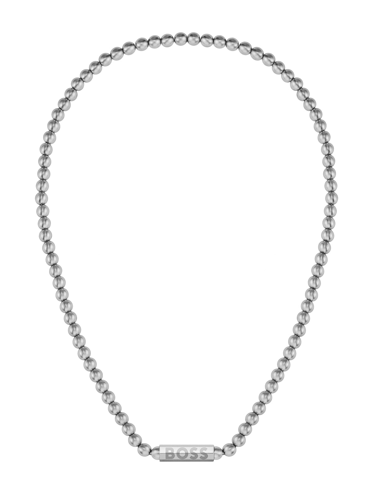 BOSS stainless steel necklace featuring sphere bead chain with engraved logo bar. A stylish mens jewelry accessory.