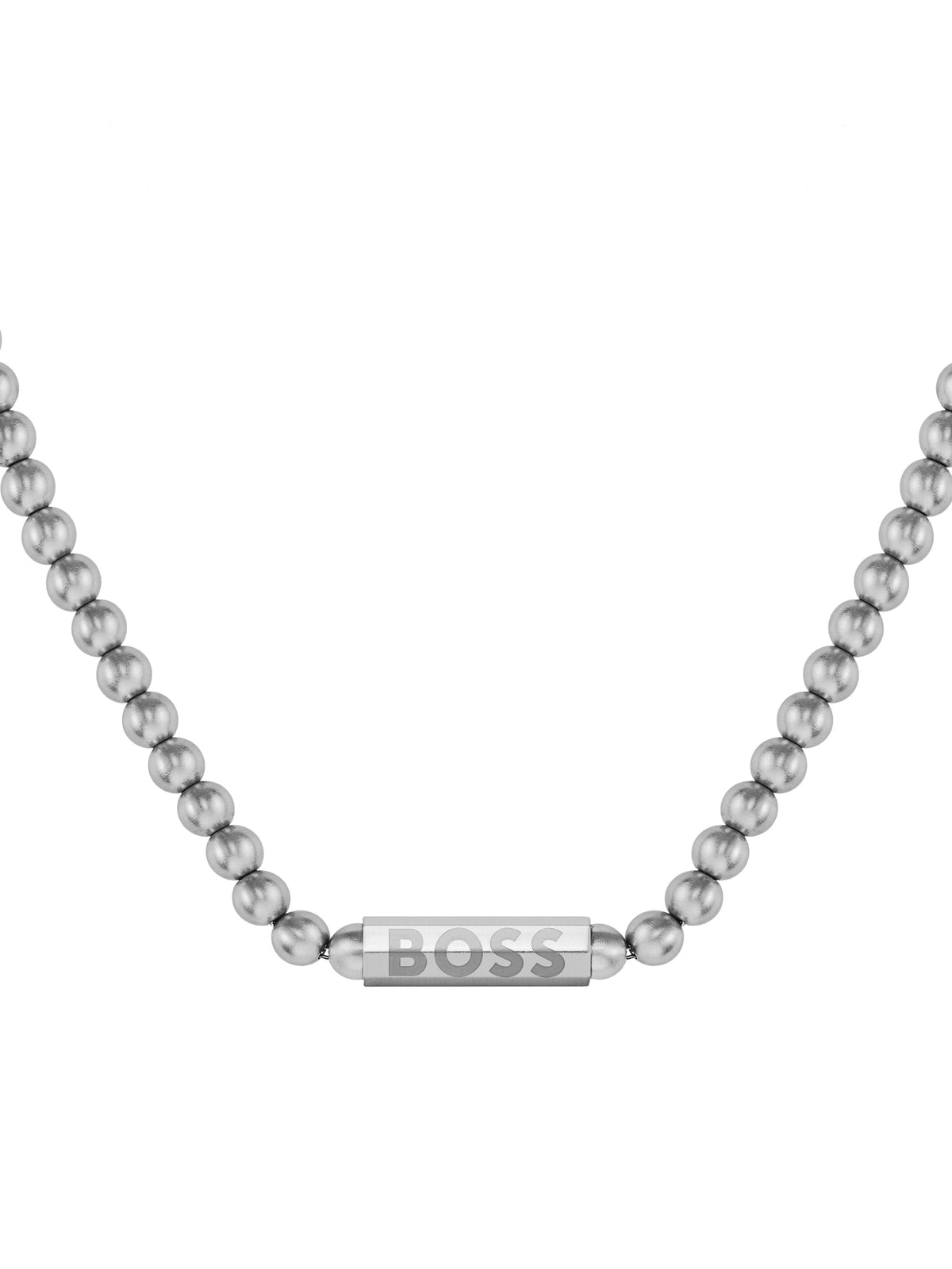 BOSS men's stainless steel bead necklace featuring a BOSS logo-engraved bar pendant, showcasing elegant jewelry.