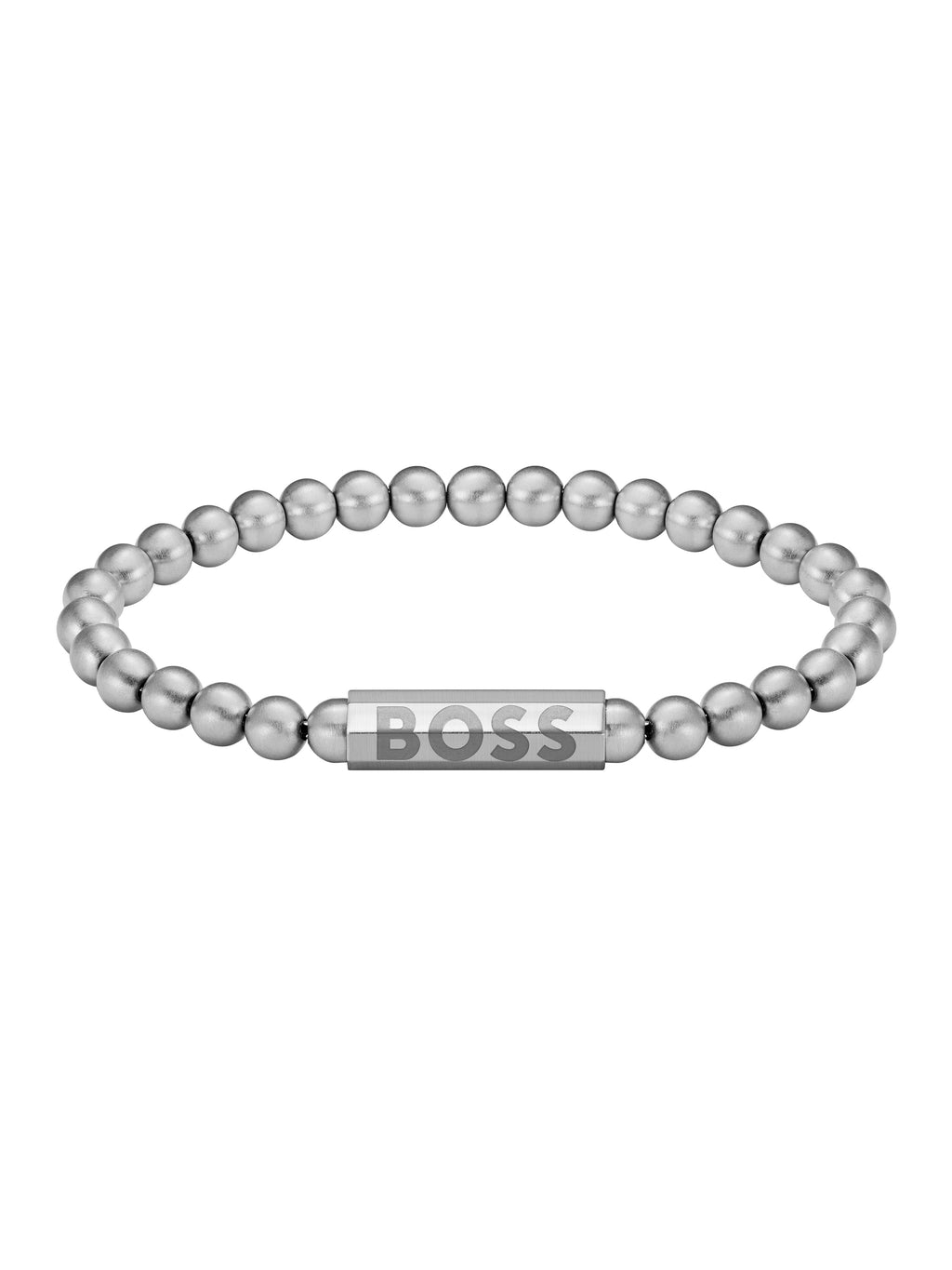 Close-up of a BOSS Sphere bracelet, showcasing the stainless steel bead design and engraved logo.
