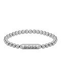 Close-up of a BOSS Sphere bracelet, showcasing the stainless steel bead design and engraved logo.