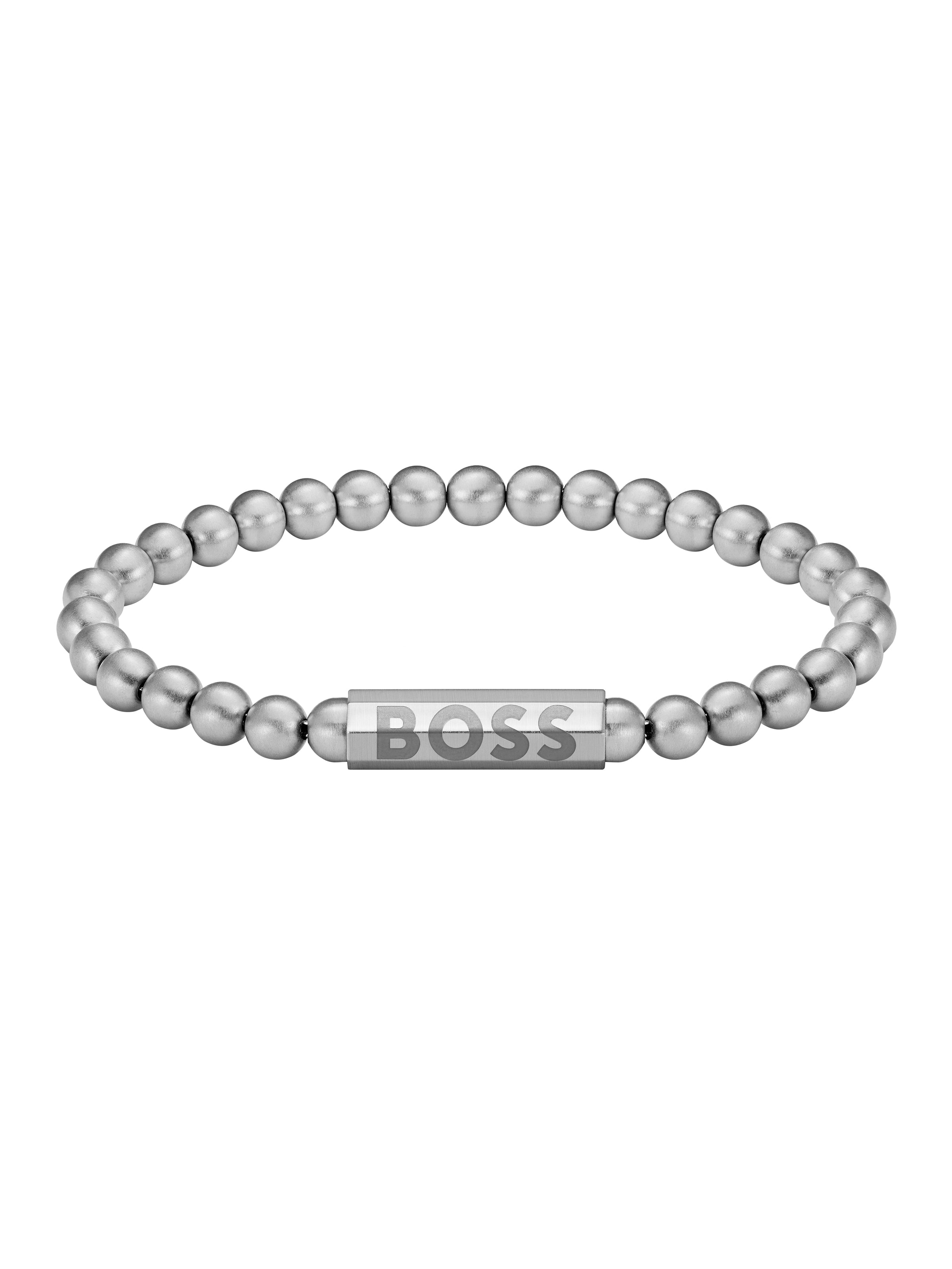 Close-up of a BOSS Sphere bracelet, showcasing the stainless steel bead design and engraved logo.