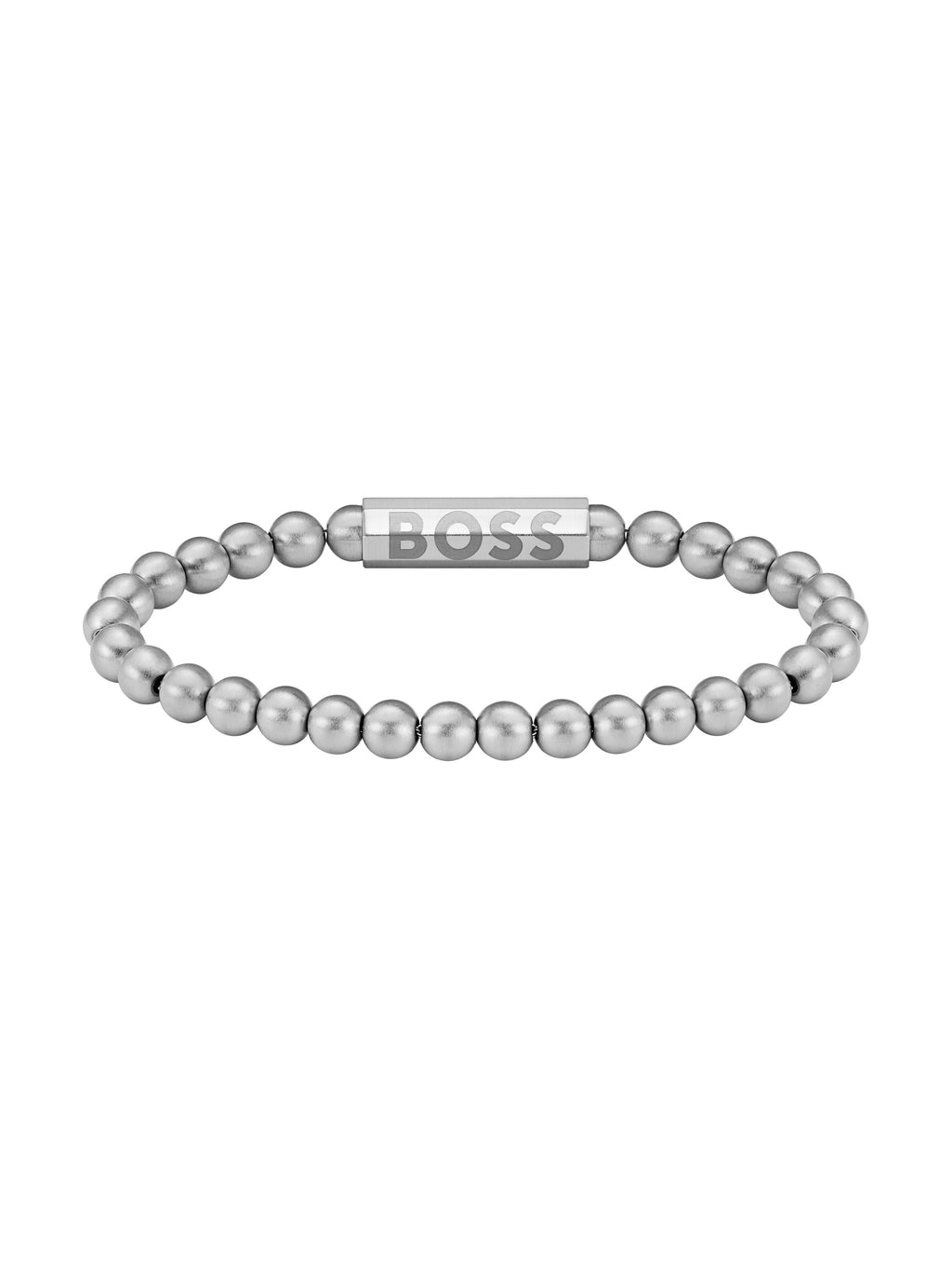 BOSS bracelet featuring stainless steel bead design. Metal bar with BOSS logo. Jewelry for men.