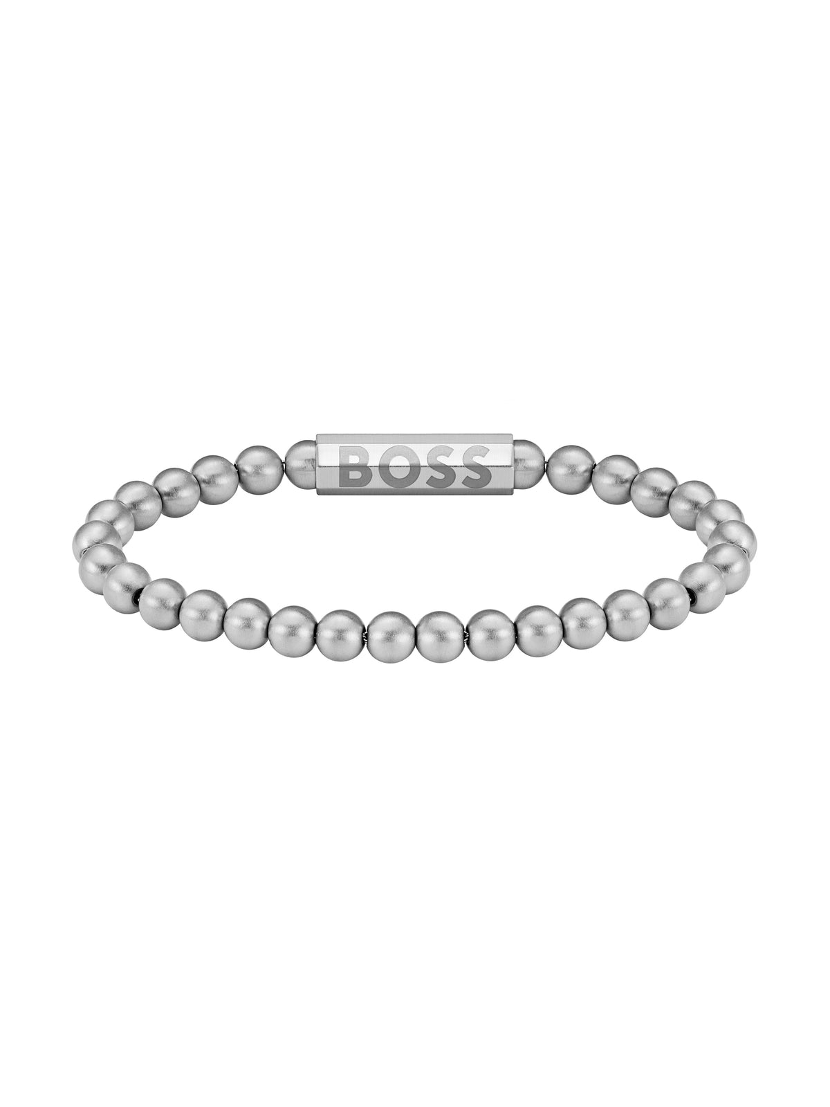 BOSS bracelet featuring stainless steel bead design. Metal bar with BOSS logo. Jewelry for men.