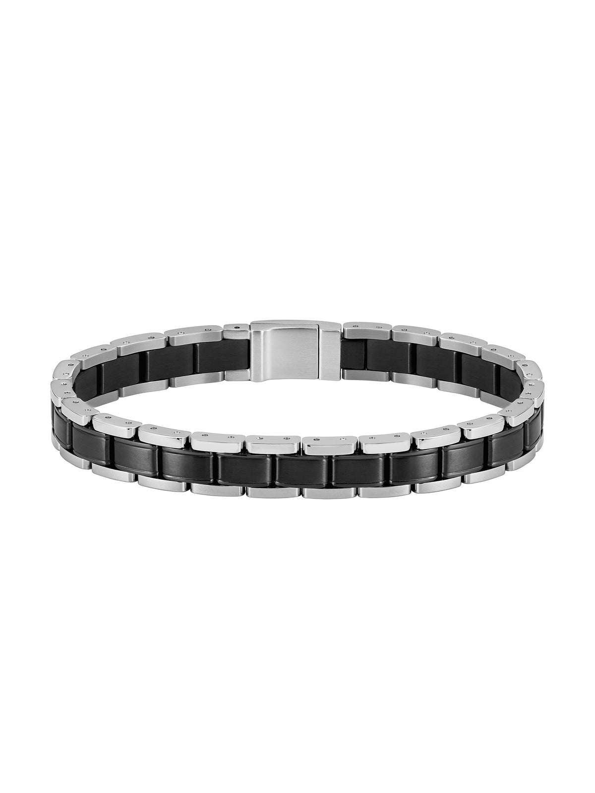 BOSS bracelet, polished stainless steel and black metal links. Stylish men's jewelry.