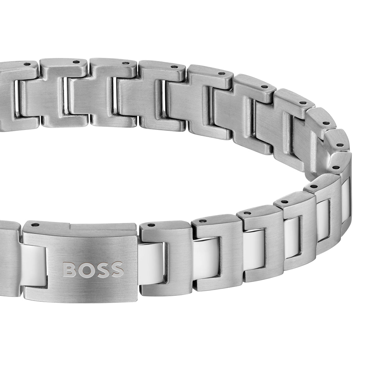 Close-up of a silver metal BOSS watch band.