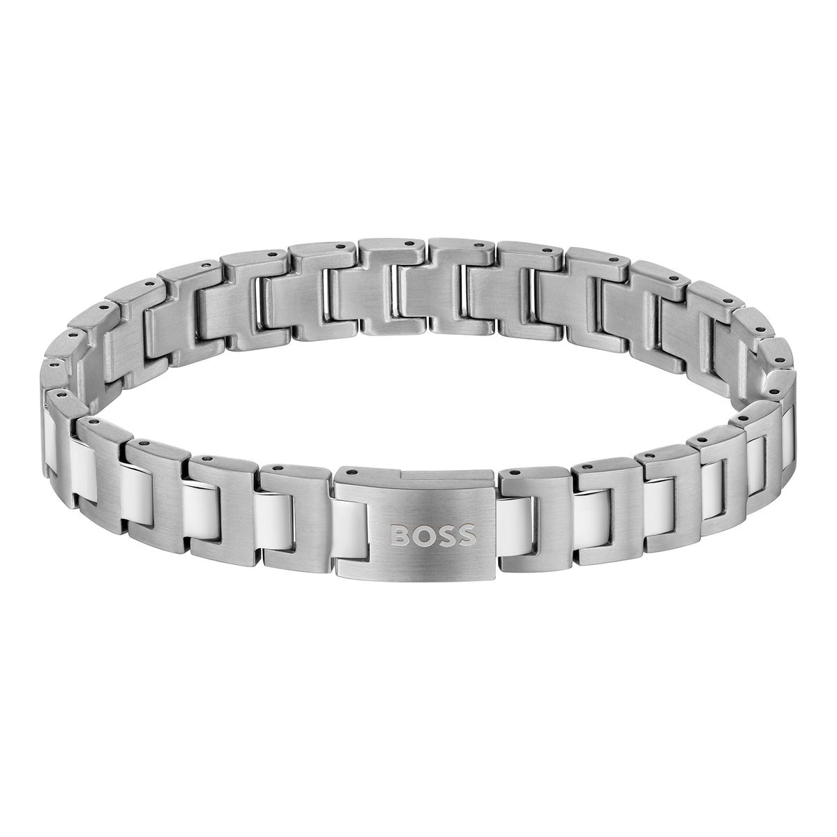 Silver-tone BOSS bracelet with white accents.