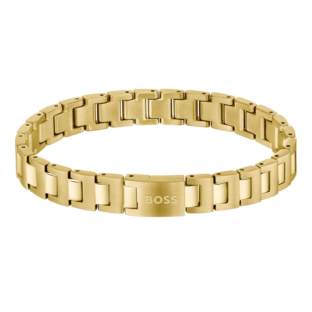 Gold-tone metal link bracelet with "BOSS" branding on the clasp.
