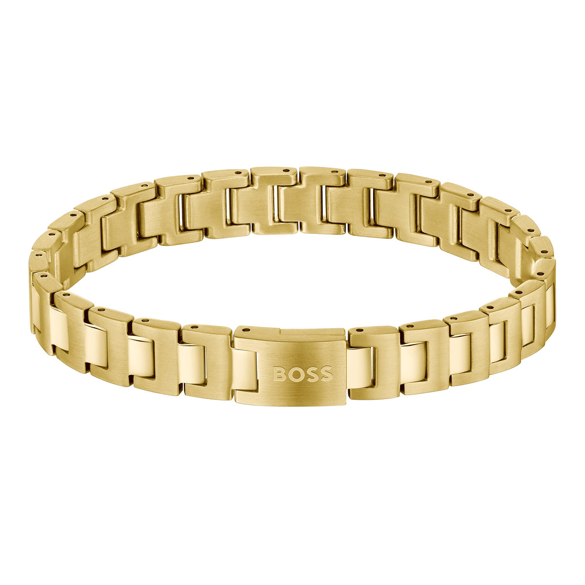 Gold-tone metal link bracelet with "BOSS" branding on the clasp.
