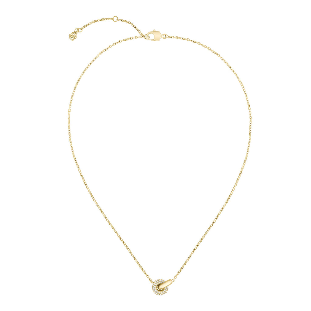 Gold necklace with crystal circle and bar pendant.