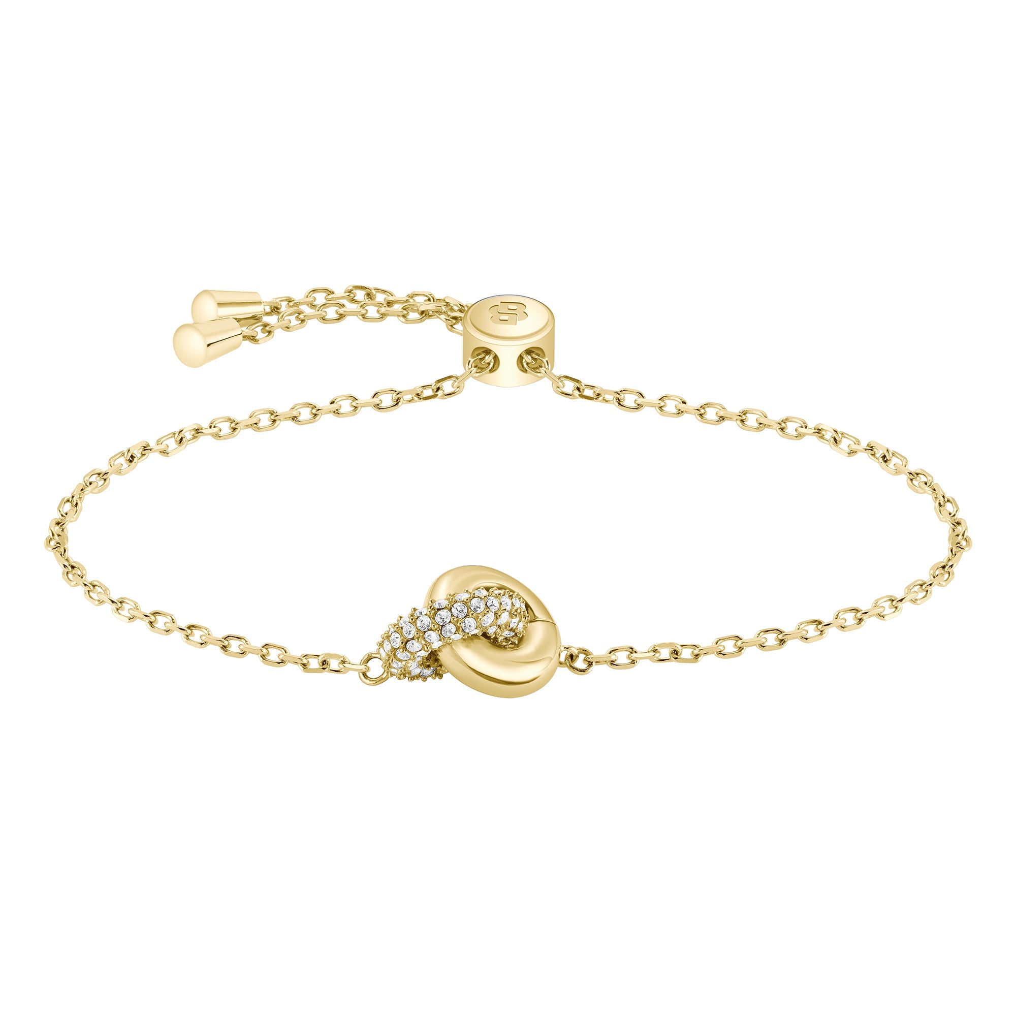 Gold chain bracelet with diamond-studded knot.

