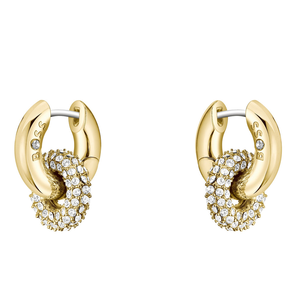 A pair of gold-toned crystal earrings on a white background.