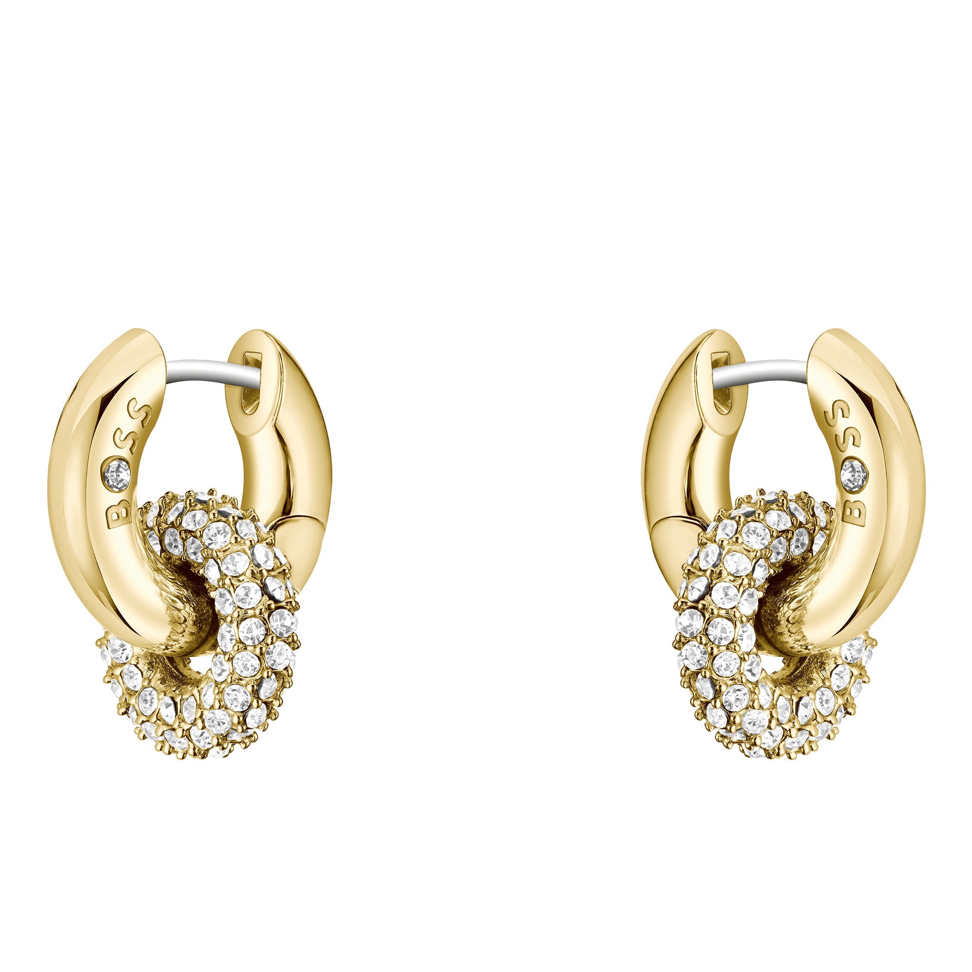 A pair of gold-toned crystal earrings on a white background.