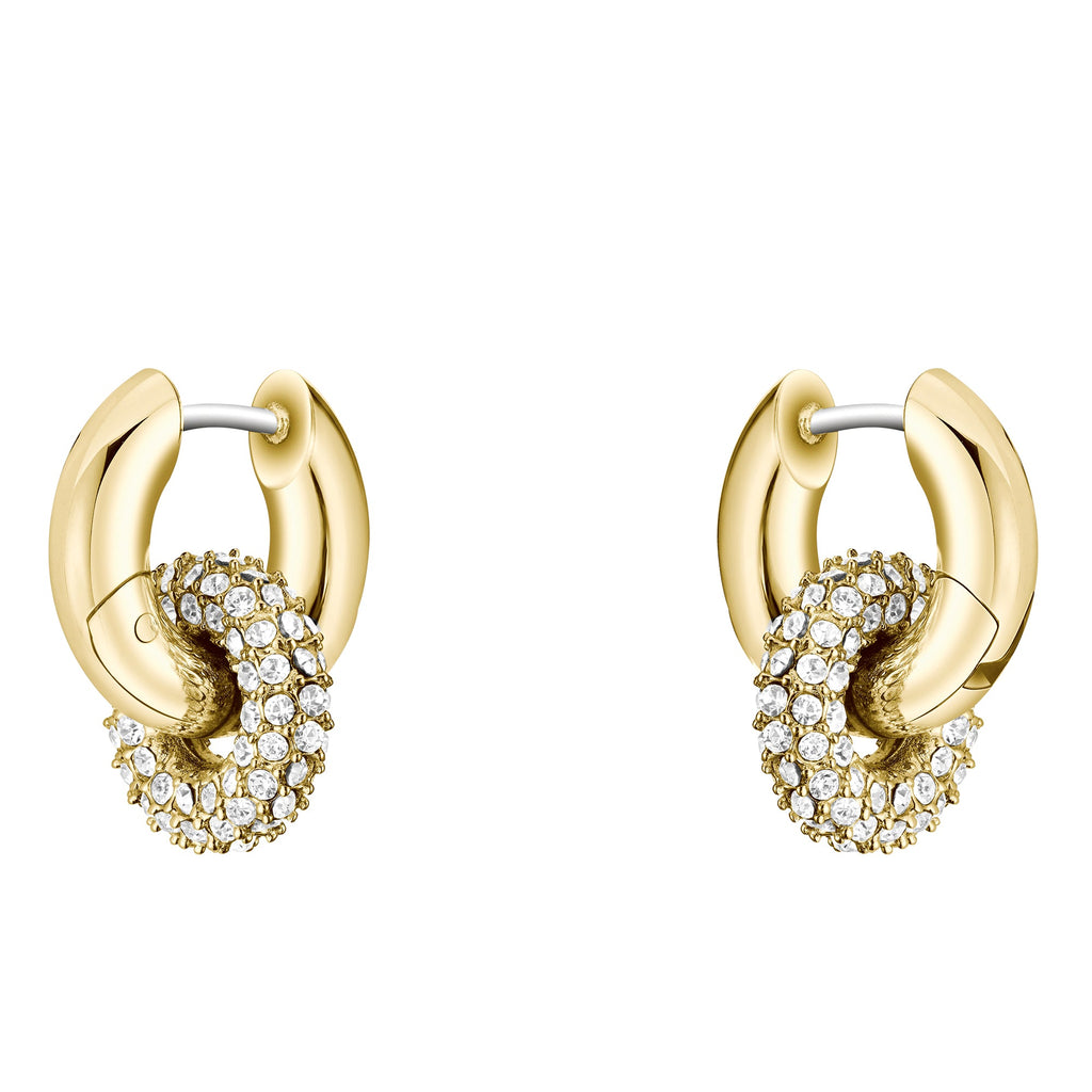 Two gold earrings with sparkling crystal-covered hoops.
