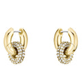 Two gold earrings with sparkling crystal-covered hoops.
