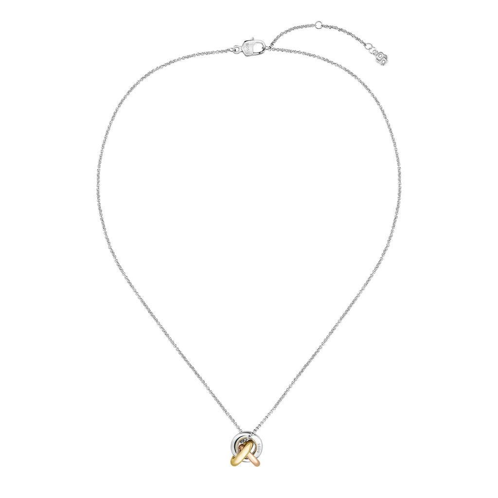 Silver chain necklace with intertwined gold and rose gold rings.