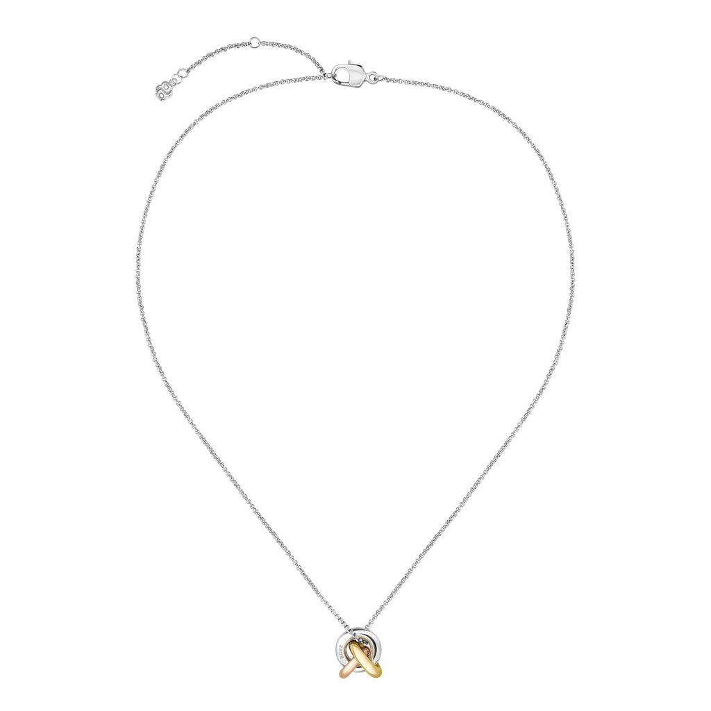Silver necklace with interlocking gold and rose gold rings.
