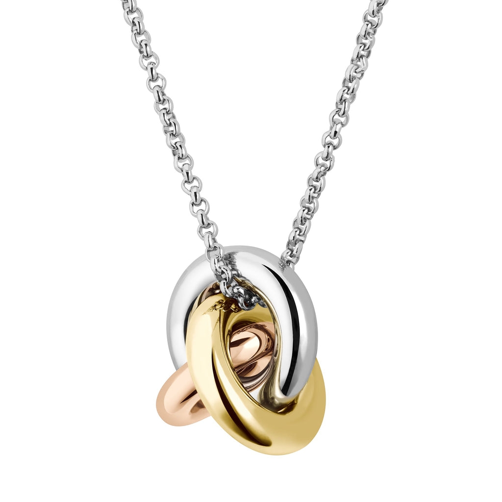 Silver chain necklace with three interlocking rings in silver, gold, and rose gold.