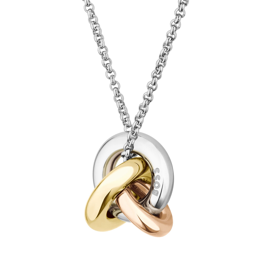 Silver chain necklace with gold, rose gold, and silver interlocking rings.
