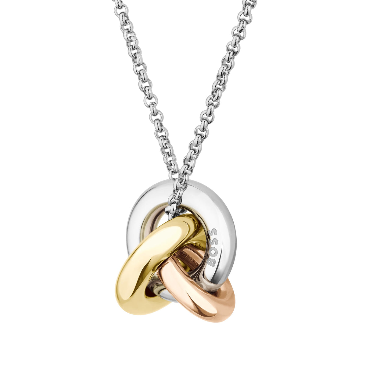 Silver chain necklace with gold, rose gold, and silver interlocking rings.

