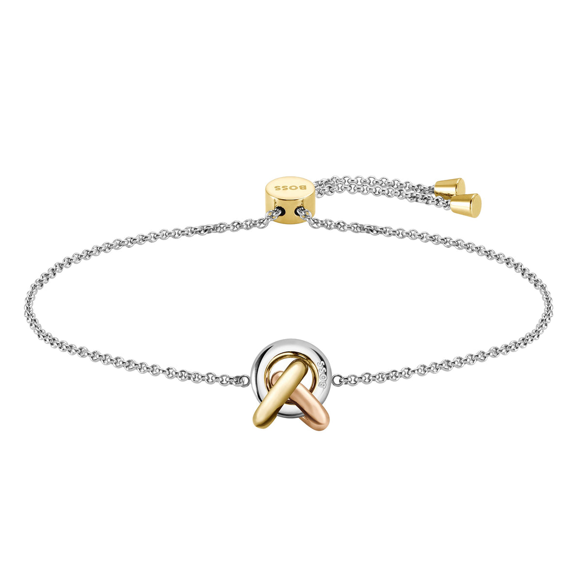 Silver chain bracelet with a gold and copper-colored pendant, and "BOSS" on the gold chain clasp.
