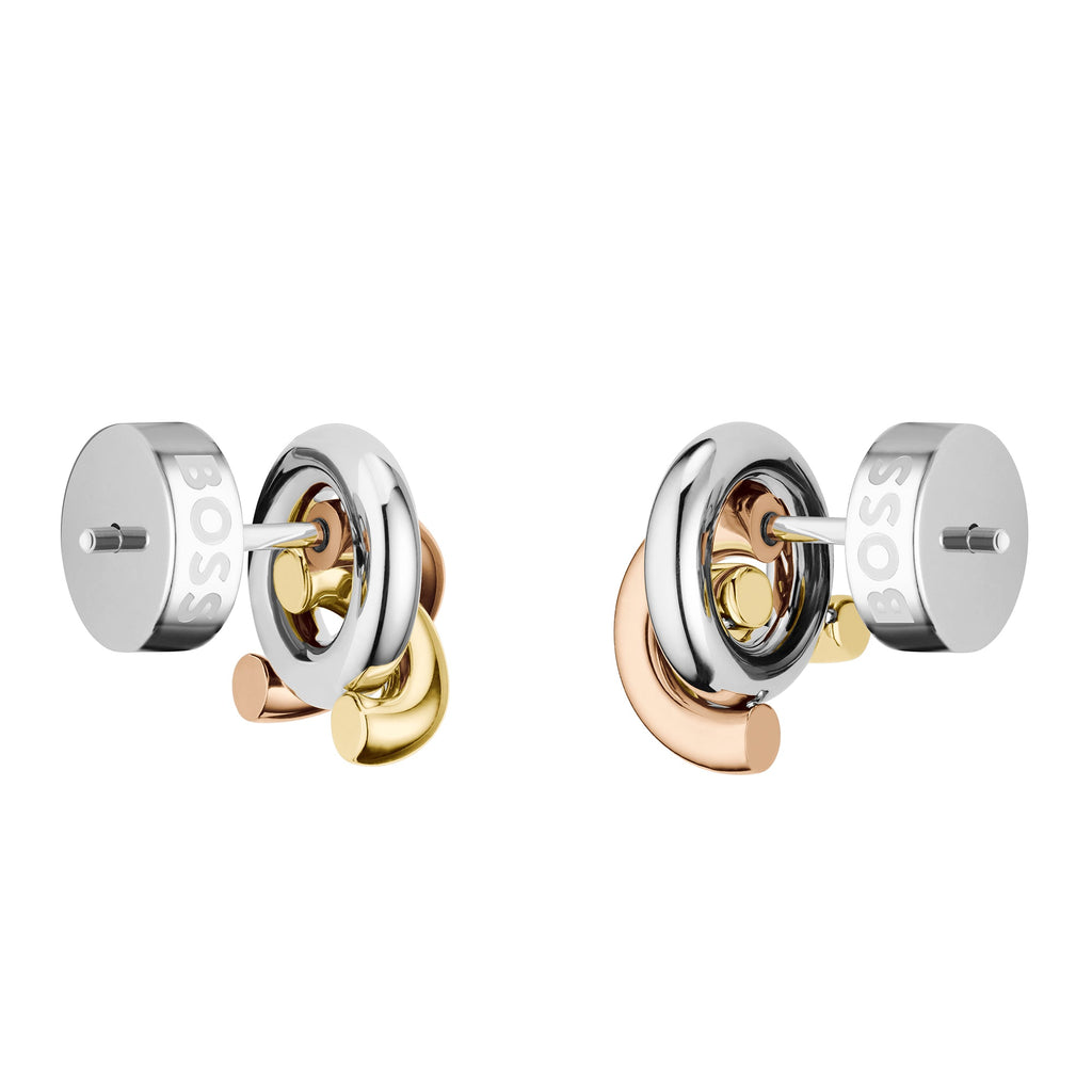 Earrings with silver studs and gold, rose gold, and silver links.