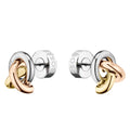 Pair of gold, silver, and rose gold interlocking loop stud earrings.
