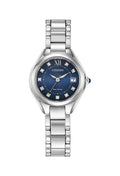 Citizen Eco-Drive ladies watch showcasing a blue dial with crystal accents and the date. Stainless steel band.