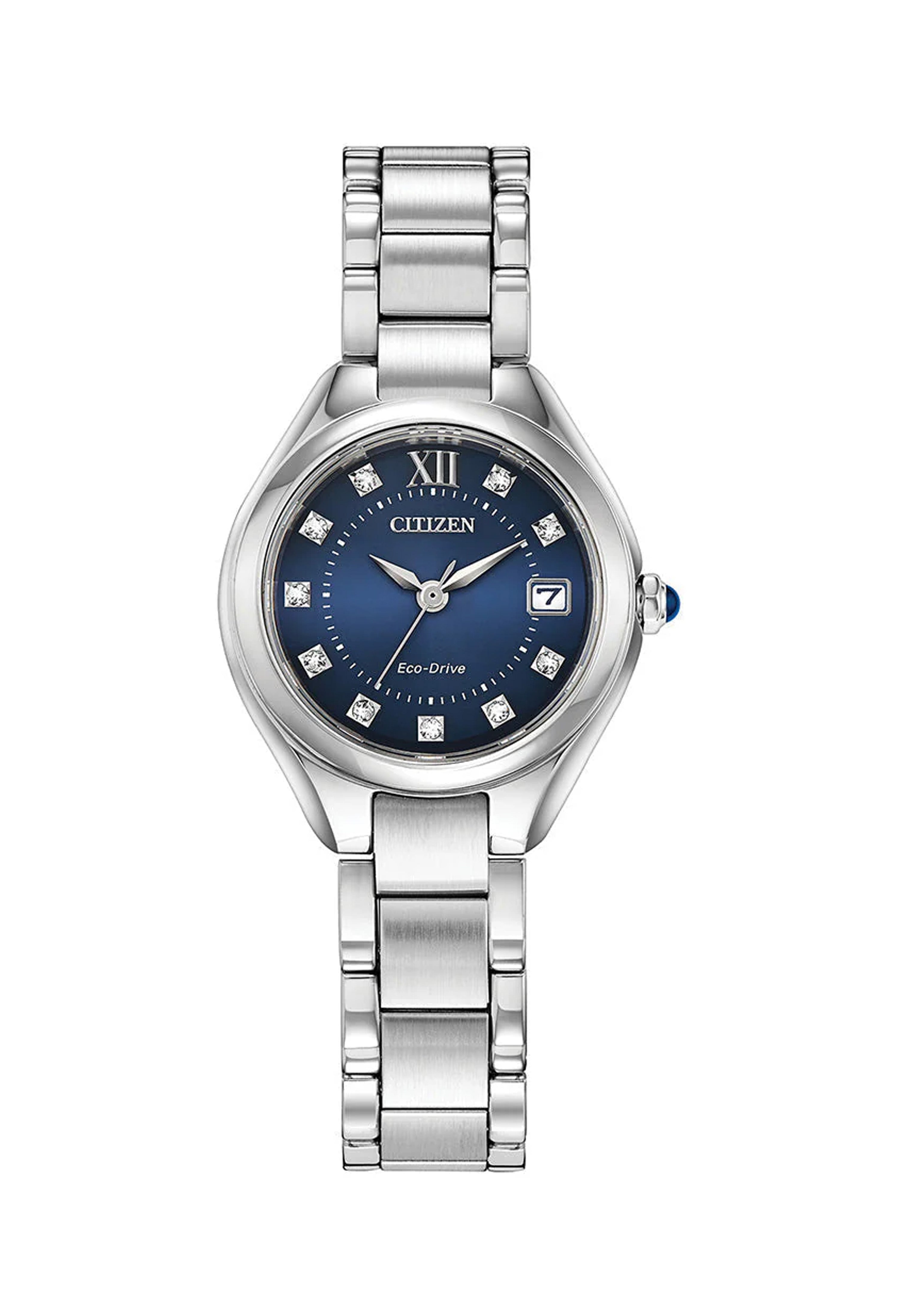 Citizen Eco-Drive ladies watch showcasing a blue dial with crystal accents and the date. Stainless steel band.