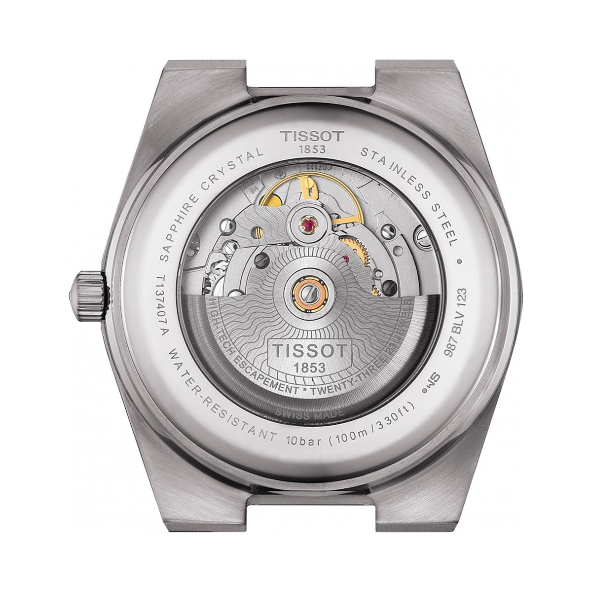Tissot PRX watch caseback showing automatic movement, sapphire crystal, stainless steel, and water resistance details.