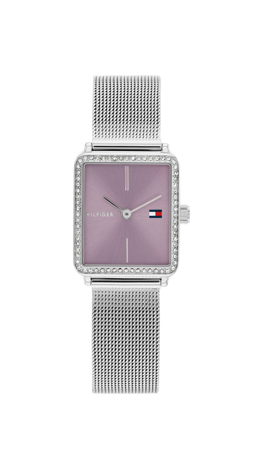 Tommy Hilfiger Ladies Tea Purple Dial Crystal Case Mesh Bracelet Watch Stainless Steel *