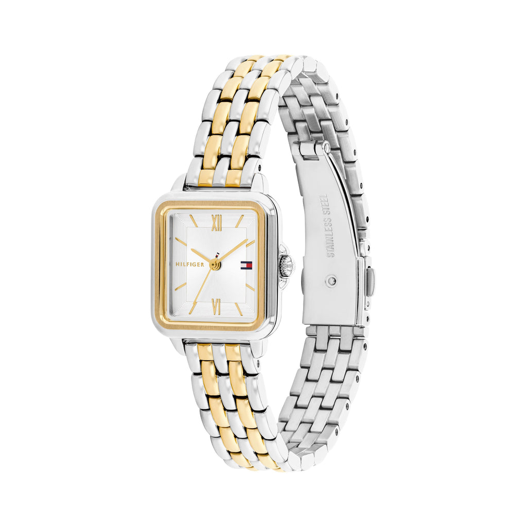 Silver and gold women's square-faced wristwatch.