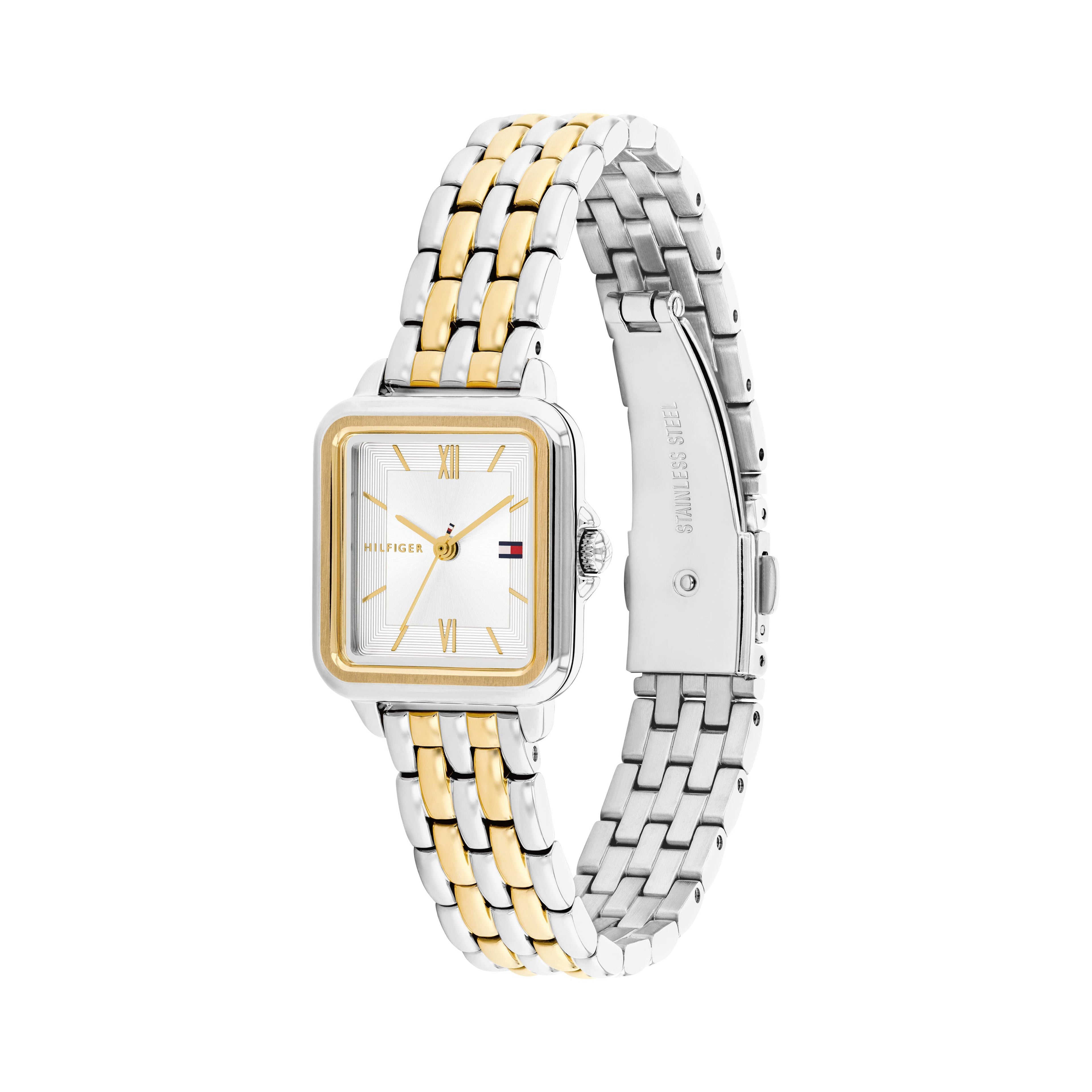 Silver and gold women's square-faced wristwatch.