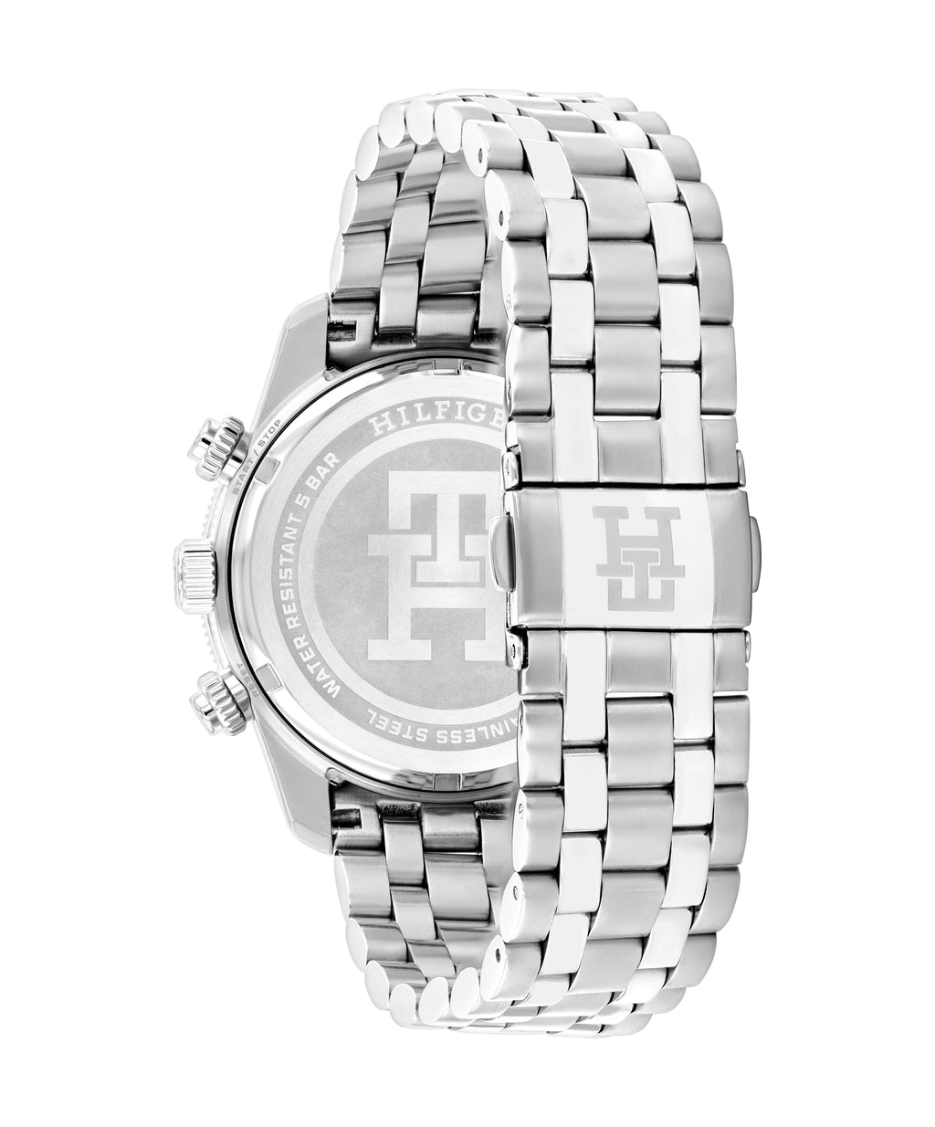 Close-up of the Tommy Hilfiger TH85 watch back, showcasing the stainless steel band, logo engraving, and water resistance